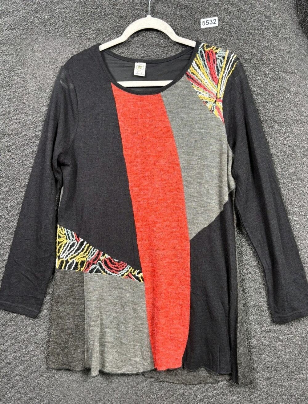 This & That Patchwork Top Womens Sz XL Black Long Sleeve Scoop Neck Boho Blouse